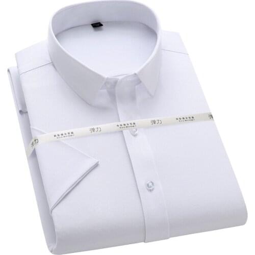 Mens Summer Short Sleeve Stretch Solid Basic Dress Shirts Pocket-less Design Standard-fit Formal Business Easy Care Thin Shirt