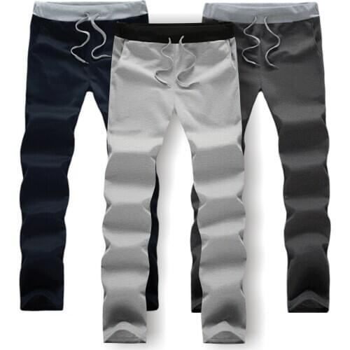Pure color rope closed black gray mid-waist casual pants cotton
