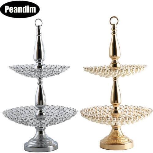 PEANDIM Luxury Pearl Plate Crystal Wedding Cake Stand Party Cupcake Display Home Decoration Candy Bar Dessert Table Holder