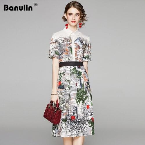 Banulin Summer Runway Design Ink Painting Print Dresses Women Summer 2020 High Street Animals Printed Vintage Shirt Dress