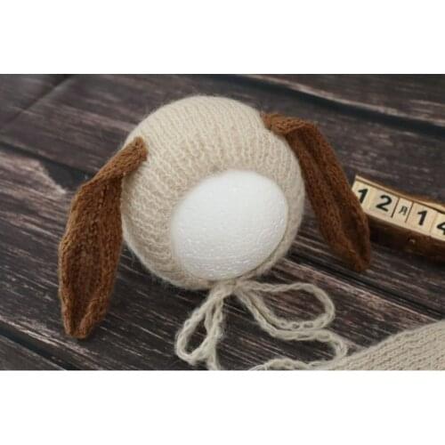 Handmade Newborn Bunny Bonnet and Romper Set Vintage Baby Girl Hat and Pant Knit Clothing Overalls Photography Props