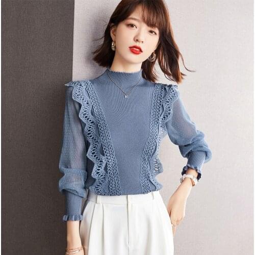 Elegant Women Lace Patchwork Sweaters Autumn Long Sleeve Ruffles Solid Slim Pullovers Ladies Casual Streetwear Knitted Tops
