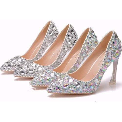 Women pumps wedding Party banquet PU Rhinestones Slip On 9.5CM Thin High Heels Pointed Toe high heels women shoes size 35-42