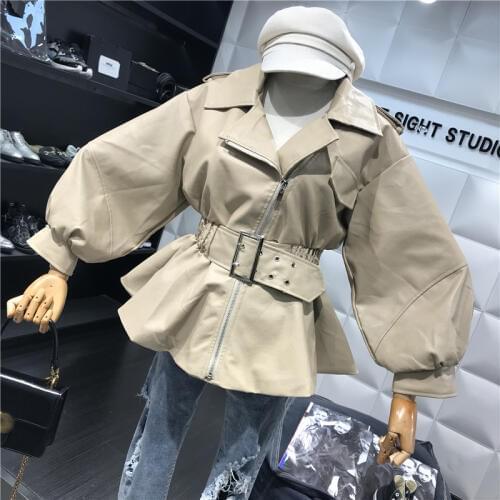 2018 New Fashion Women Soft Faux Leather Jackets Ruched Motorcycle Zippers Biker Pink Slim Coat Outerwear with Belt