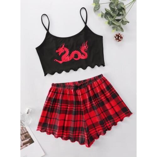 Ladys Sleeveless Crop Vest Elastic Waist Short Pants Pajama Set Chinese Dragon Print Camisole With Shorts Sleepwear Home Wear