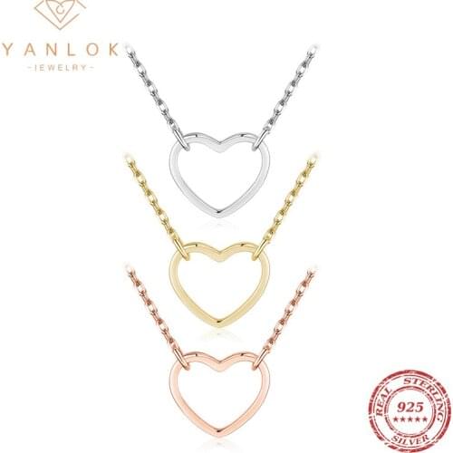 YANLOK Real 925 Sterling Silver Rose Gold Color Simple Heart Pendant Necklaces For Women Fashion Jewelry Accessories