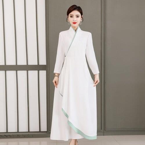 Chinese Style Zen Clothes For Women Retro Solid Color Improved Cheongsam Hanfu Antiquity Loose Long Sleeve Dress Female Robe