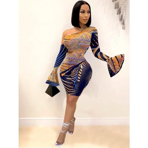 Dress for Women 2021 Summer New Print Long Sleeves Dress Diagonal Shoulder Flared Dresses
