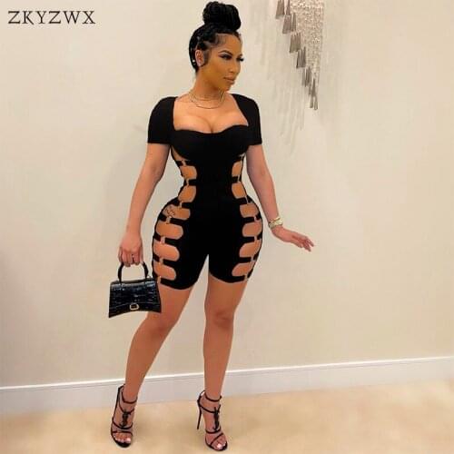 ZKYZWX Side Hollow Out Bodycon Playsuit for Trendy Summer Short Sleeve Casual Rompers Womens Jumpsuit Sexy Club Party Outfits