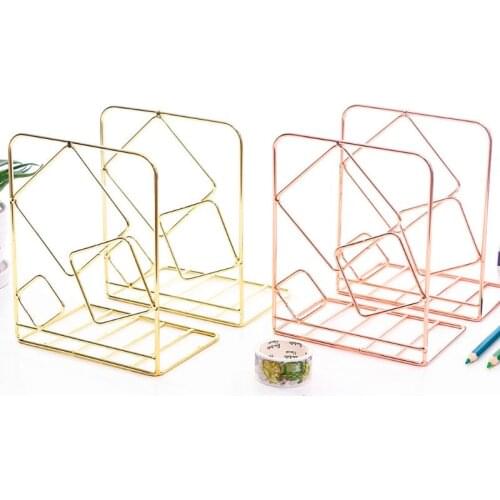 2pcs Square/Round Desktop Bookends Gold/Rose Gold Support Stand Holder Shelf Metal Desktop Bookends School Office Supplies