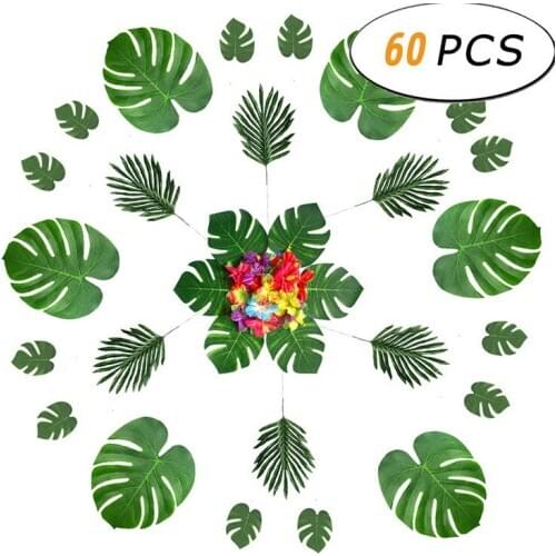 60 pcs Per Set Hawaiian Turtle Leaf with Rod Leaf and Hibiscus Flowers Diy Tropical Beach Outdoor Indoor for Wedding Table decor