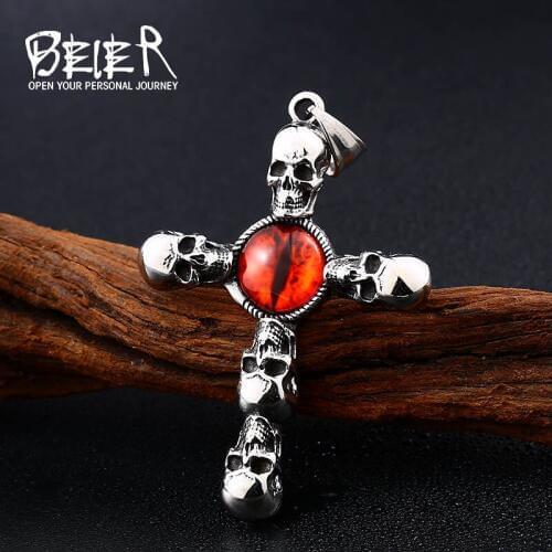 Beier new store 316L Stainless Steel pendant necklace Retro Red Devil Eye Pendant Punk Style cross skull Pendants LLBP8-341P