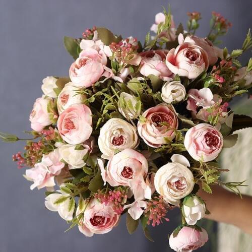 White Silk Tea Roses Artificial Flowers Bride Small Bouquet for Wedding Home Decoration High Quality Fake Flowers Roses Bouquet