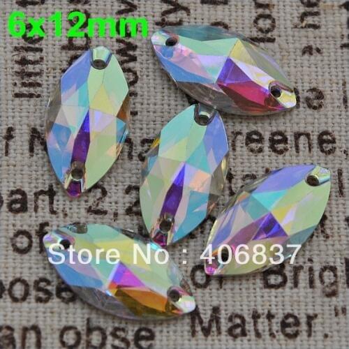 Free Shipping, 100pcs/Lot, 6*12mm Crystal AB / Clear AB Marquise resin sew on stones flat back sewing on stones