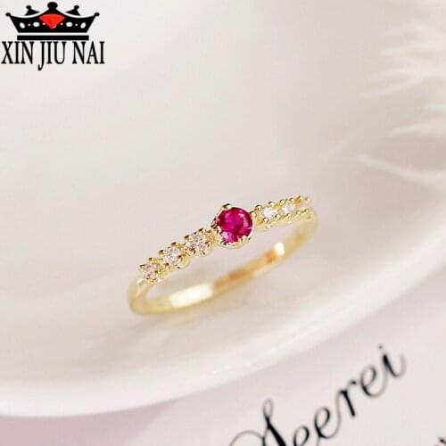 Ruthless Simple Rose Red Round Single-row Small Zircon Ring 14K Golden and Yellow Ring Party Jewelry Fashion Gift womens rings