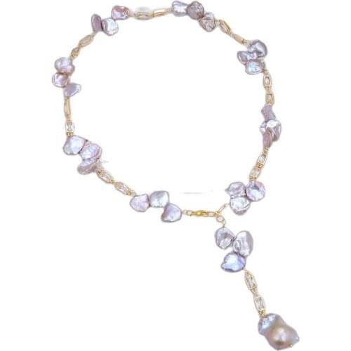 GG Jewelry 18'' Natural Top-drilled Purple Keshi Pearl Cz Pave Rectangle Chain Necklace Keshi Pearl Pendant Necklace For Women