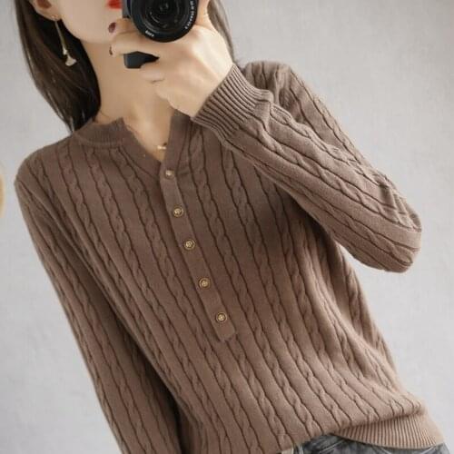 Spring and autumn new style cotton knitted long-sleeved bottoming shirt short V-neck slim pullover ladies top