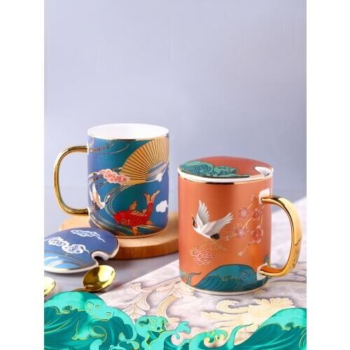 Chinese Style Coffee Mugs Couple Drinking Cup And Lid Spoon Handgrip Water Milk Party Teacup Drinkware Home Decoration