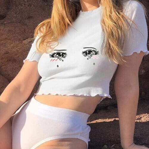 Summer Simple Elastic T-shirt Cartoon Tears Printed Casual Tee Kawaii Crop Top Sexy White Shirt Female Roupas Feminina Hot