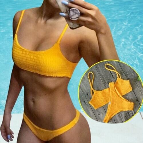 2020 Hot Pleated Triangle Girls Bikini Set Brazilian Thong Femme Bathing Suit Bandeau Swimwear Women Yellow Sexy Bikini Swimsuit