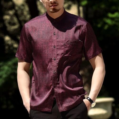 Fashion Mens Short Sleeve Satin Silk Blends Shirt Chinese Style Oversize Loose Fit Daddy Top Summer Wear