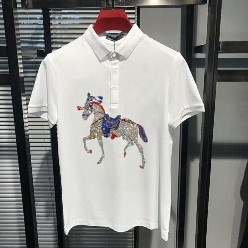 Asian Size M-5XL Elasticity Polo Mens Lapel High Quality Gradient Rhinestone Animal Pattern Short-Sleeved 100% Cotton Shirt