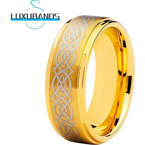 Wemen Men Gold Tungsten Wedding Rings 8MM Stepped Edges Brushed Finished Fashion Laser Engrave Comfort Fit