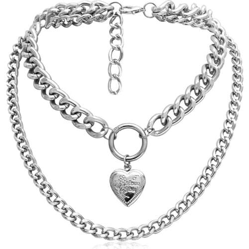 Punk Metal Heart Choker Necklace For Women Big Thick Chain Round Hollow Multilayer Pendant Long Necklaces Jewelry