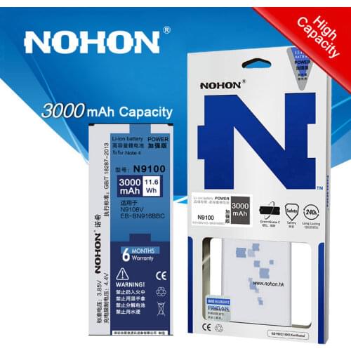 Original NOHON Battery For Samsung Galaxy Note 4 Note4 N9100 N9109W N9108V EB-BN916BBC High Capacity 3000mAh Retail Package