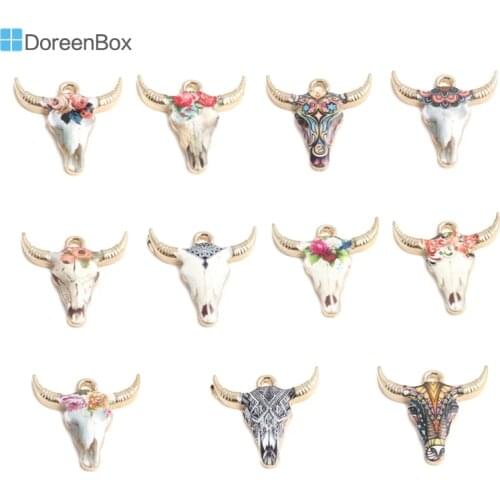 10 PCs Doreen Box Cow Animal Charms Zinc Alloy Gold Color Multicolor Flower Enamel Pendant For DIY Jewelry Making 22mm x 21mm