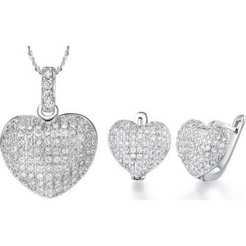Amazing price silver plated jewelry full crystal heart jewelry set for women drop earrings pendant necklaces set hot sale