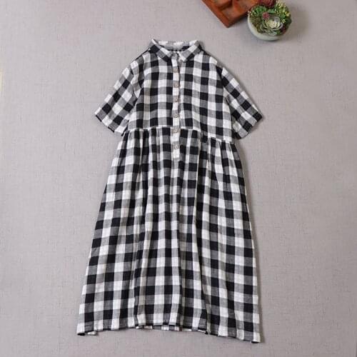 Lamtrip Casual Soft Cotton Yarn Loose Plaid Peter Pan Collar Short Sleeve Dress 2022 Spring