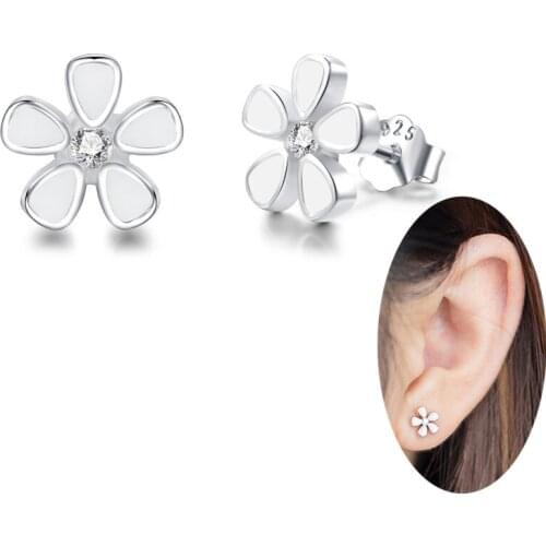 Simple Summer Flower Style 925 Sterling Silver Enamel Drip Oil Cubic Zirconia Stud Earrings For Women Girls