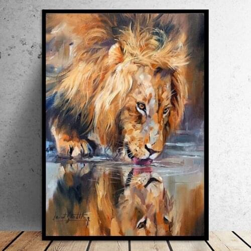 Modern Painting Art Lion Drinking Water Canvas Painting Posters Prints Wall Pictures for Living Room Home Decor Cuadros
