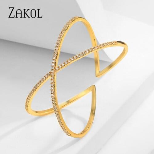 ZAKOL Luxury Cubic Zirconia X shape Cuff Bangles For Women Fashion Cross Girl Party Wedding Jewelry FSBP2197