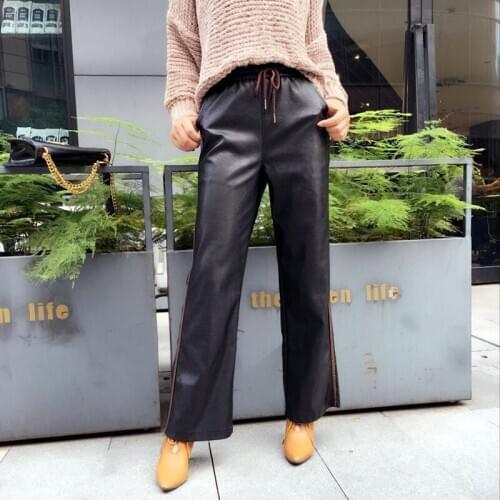 Women Elastic Waist Ankle Length Straight Pants Women PU Leather Pants Loose Wide leg pants Slim Faux Leather Trousers Female