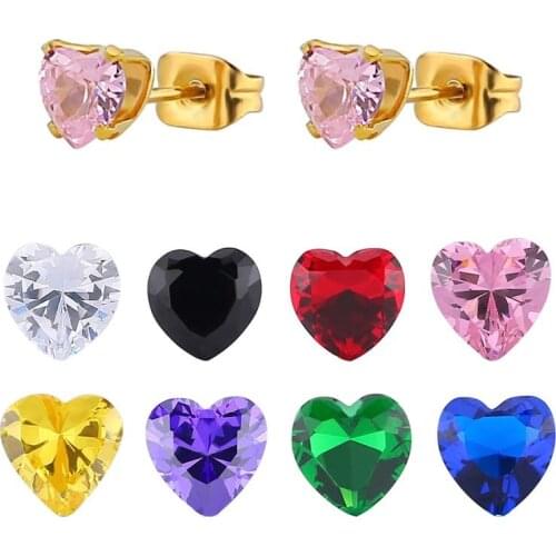 AsJerlya Titanium Stainless Steel 3mm-8mm Fashion Heart Stud Earrings Anti-Allergy Shape AAA Color Zircon Women Ear-Rings