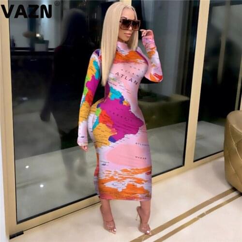 VAZN New 2020 Colorful Office Lady Party Night Shinny Bandage Dress Full Sleeve Sheath Dresses O-neck Maxi Dress