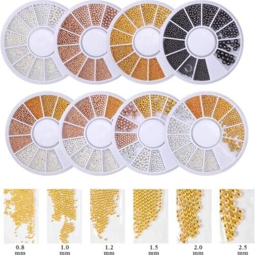 0.8--2.5mm 6 Grids Mixed Size Nail Decoration Steel Ball Gold-plated Black Gold Mini Steel Balls DIY Nail Art Charm Design CL11