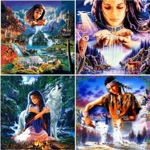 AZQSD 5D Diy Diamond Painting Indian Woman Waterfall Full Square Drill Diamond Embroidery Landscape Animals Wolf Mosaic Kits