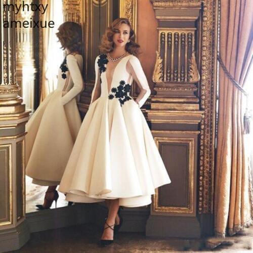 White Plus Size Evening Dresses 2020 Jewel Neck Long Sleeves Black Flower Length Formal Gowns Homecoming Party Robe De Soiree