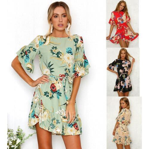 BYUAN 2018 Hot Women Flower Dress Fashion Ruffle Printed Dress For Women Summer Chiffon Dress Waistband Ladies Dresses