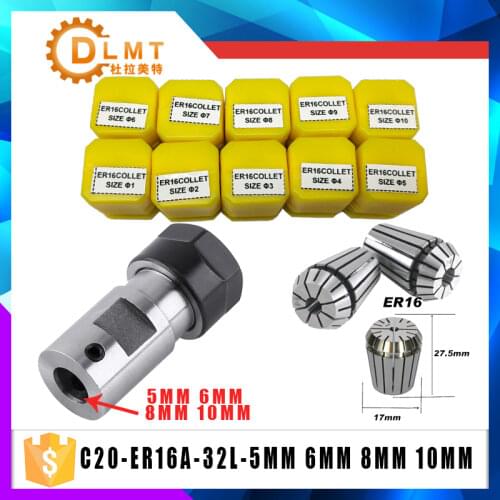 ER16Spring Collet 10PCS C20 ER16 Collet Chuck Motor Shaft Extension Rod Spindle Collet Lathe Tools Holder Inner 5MM 6MM 8MM 10MM