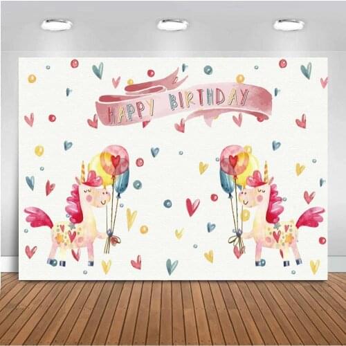 Happy Birthday Banner Newborn Baby Photography Backdrops Drawing Unicorn Spread Dots Pattern Kids Portrait Photo Background