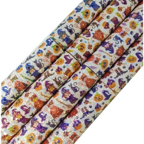 Halloween Witches Pumpkins Printed Chunky Glitter Faux Vinyl Leather Fabric Felt Backing Leather For Bow DIY 21X29CM FZ103B