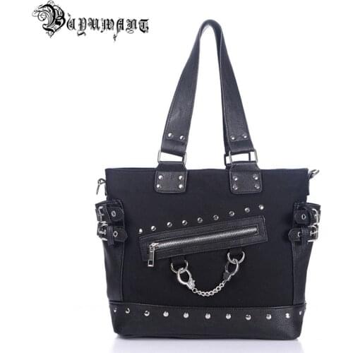 Buyuwant Canvas Tote BM02-TT-ldnbfb bag Rivet Womens Bag Zipper Canvas Tote Wide Strap Shoulder Bag Gothic punk handbag