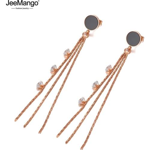JeeMango Fashion 316L Stainless Steel Acrylic Tassel Earrings For Women Bohemia CZ Crystal Party Dangle Earrings Jewelry JE20067