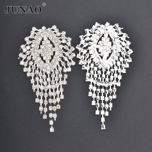 JUNAO 45x75mm Sewing Silver Glass Crystal Rhinestones Flower Strass Fring Flat Back Applique Metal Trim For Clothes Decoration