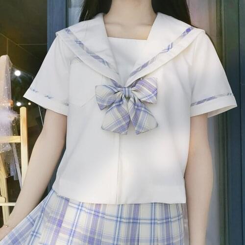 Sweet JK Girl School Uniform Set: Yellow Purple Plaid Pleated Skirt + Sailor Collar T-Shirt Short Sleeve A-Line Necktie Bow Tie