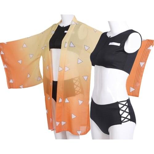 Anime Demon Slayer Swimsuit Kimetsu no Yaiba Cosplay Costume Agatsuma Zenitsu Swimwear Kimono Summer Beach Bathing Suit Women
